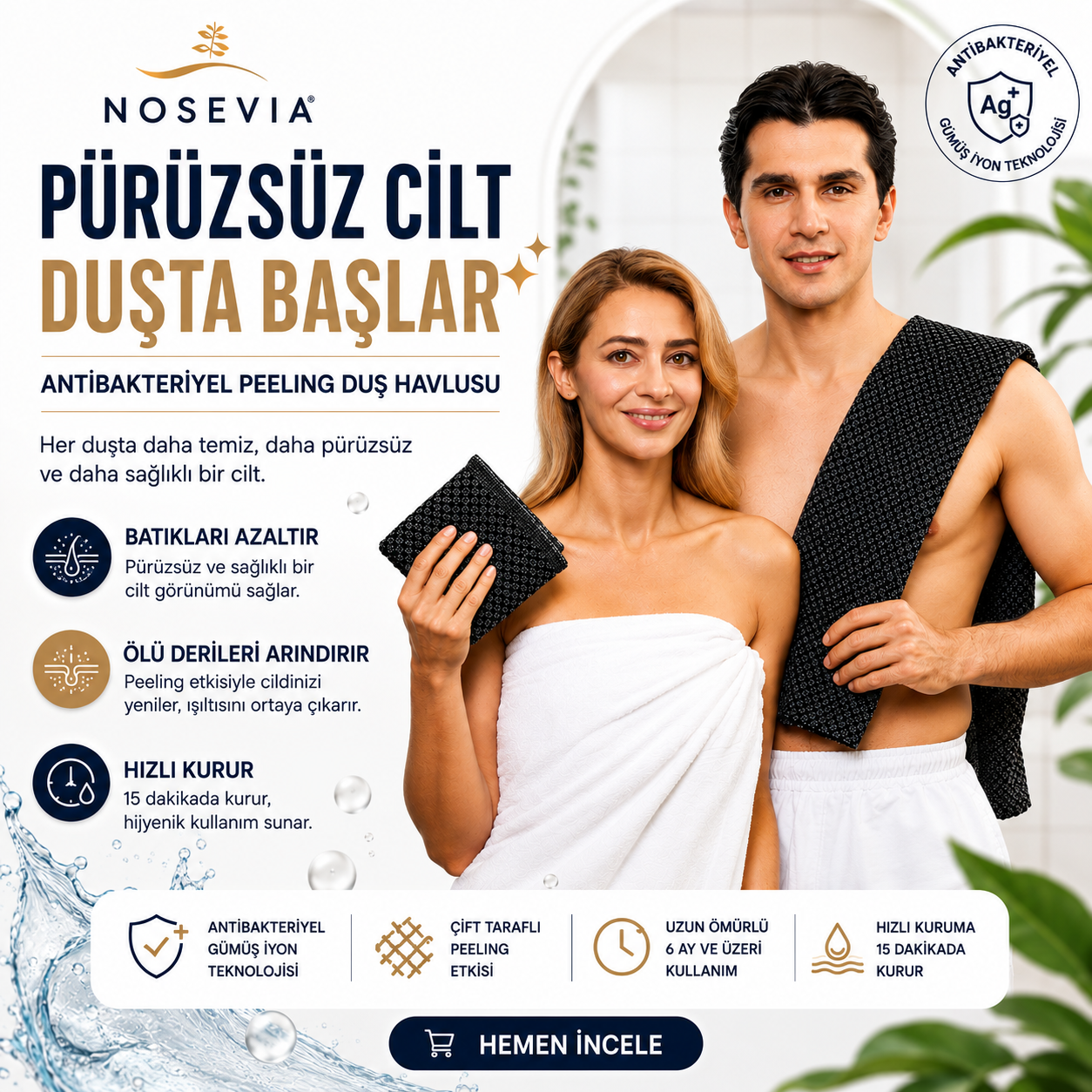 Nosevia Peeling Etkili Antibakteriyel Duş Havlusu